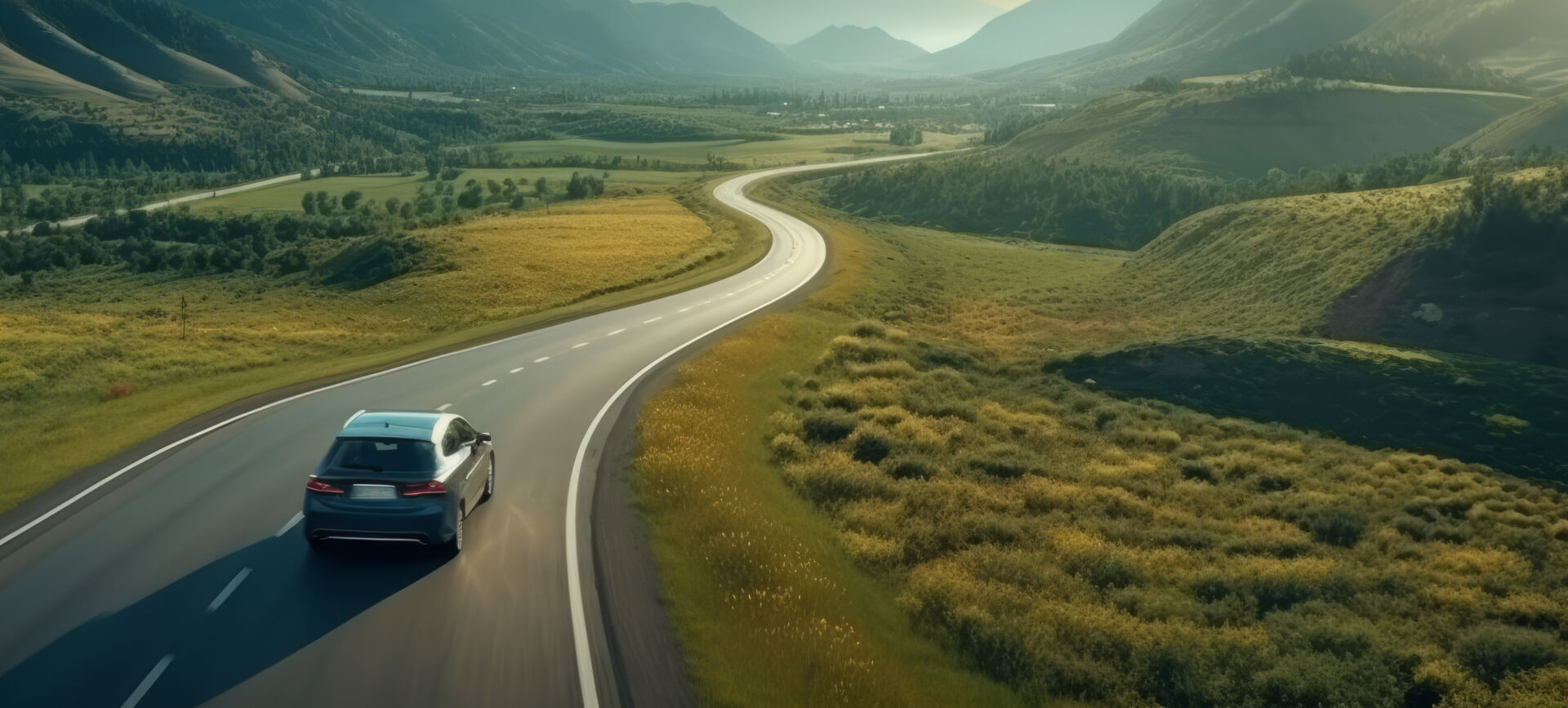 Ein Straße, die durch eine Landschaft mit Bergen und Wäldern führt und über die Straße fährt ein Auto