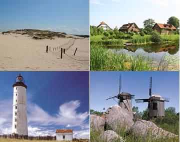 Eine Collage mit vier verschiedenen Landschaftsbildern: Sanddünen mit einem hölzernen Pfad, eine ländliche Szene mit einem Teich und Häusern, ein weißer Leuchtturm vor blauem Himmel und zwei Windmühlen zwischen großen Felsen.