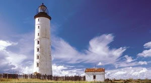 Eine Aufnahme von einem weißen Leuchtturm und rechts daneben ist ein kleines weißes Haus mit rotem Dach und davor sind Gräßer