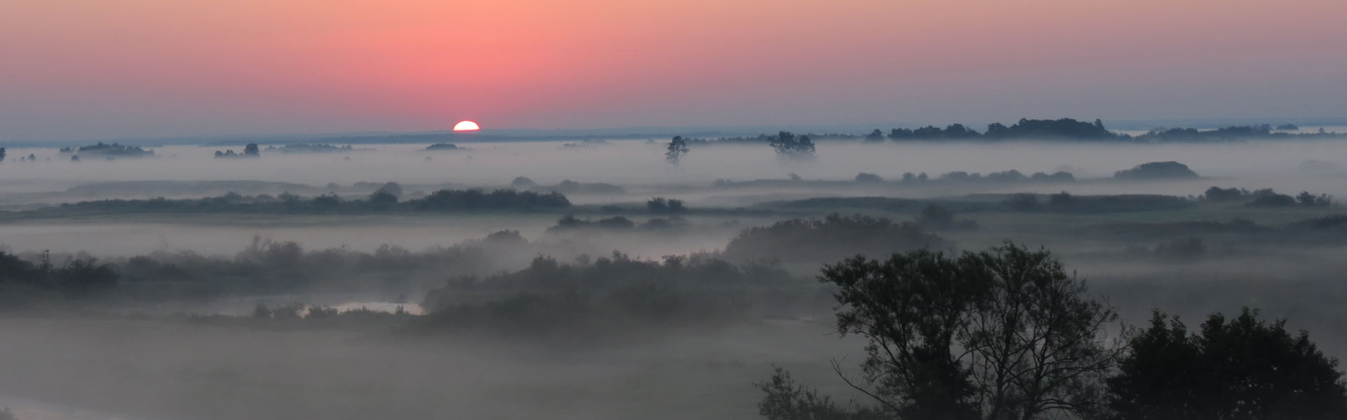 Eine Landschaft in Polen bei Sonnenuntergang und Nebel